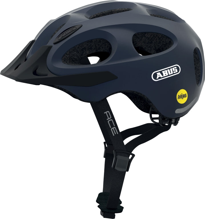 Cykelhjelm Abus Youn-I Ace MIPS i metallic blå farve, set fra siden med justerbar rem og ventilationshuller.