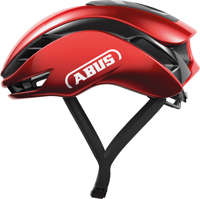 Rød Abus GameChanger 2.0 Performance hjelm med aerodynamisk design og ventilationsåbninger.