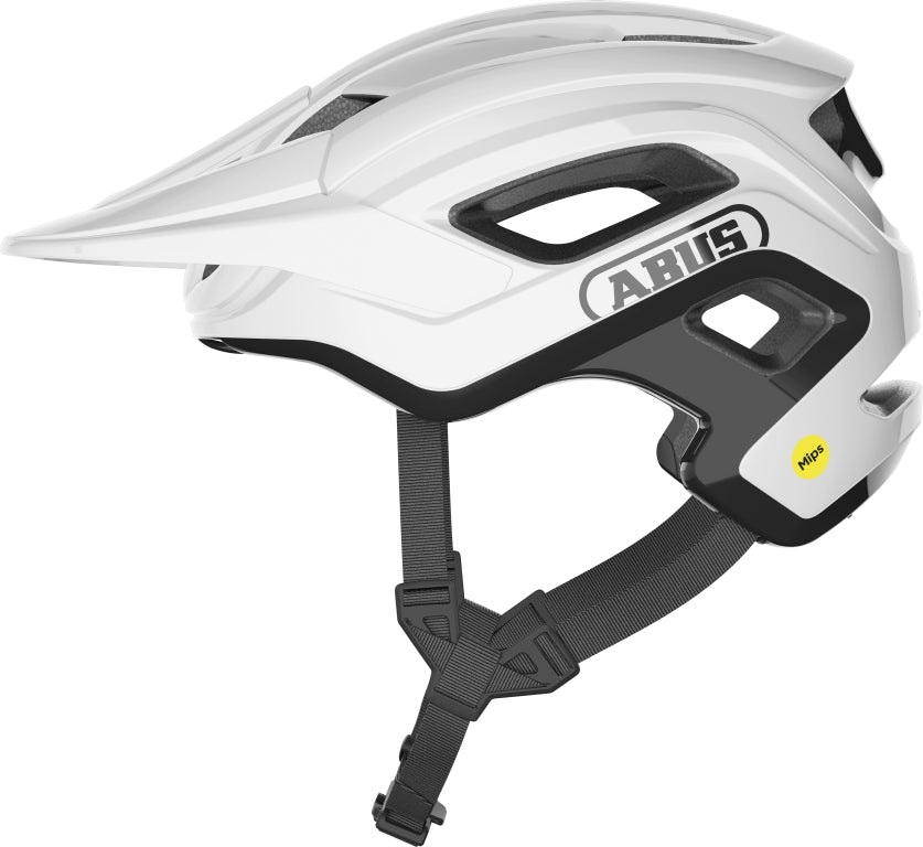 Cykelhjelm Abus Cliffhanger MIPS Shiny White: En skinnende hvid cykelhjelm med MIPS-teknologi og moderne design.