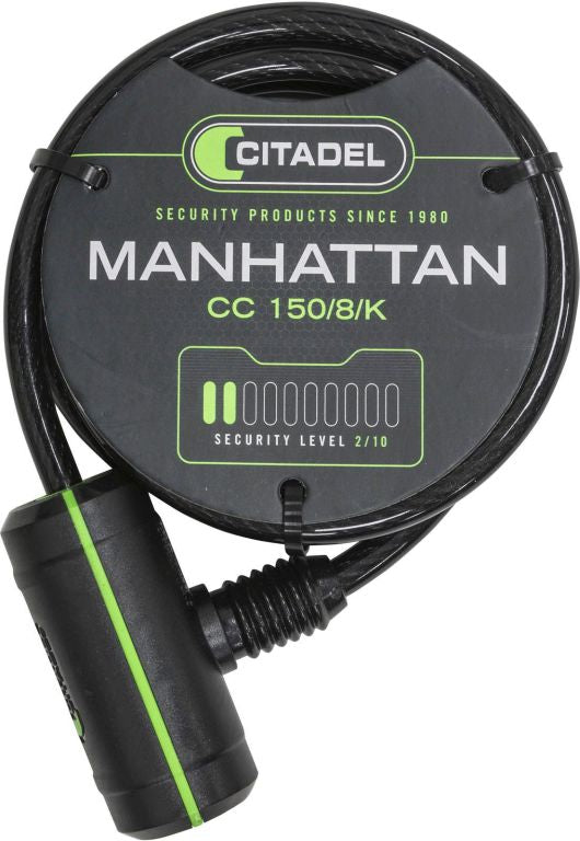 Spirallås S-Citadel 8 mm: Sort spirallås med nøgle, robust design, velegnet til cykelsikkerhed.
