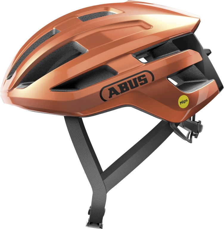 Cykelhjelm Abus PowerDome MIPS Goldfish Orange - En orange cykelhjelm med MIPS-teknologi og moderne design.