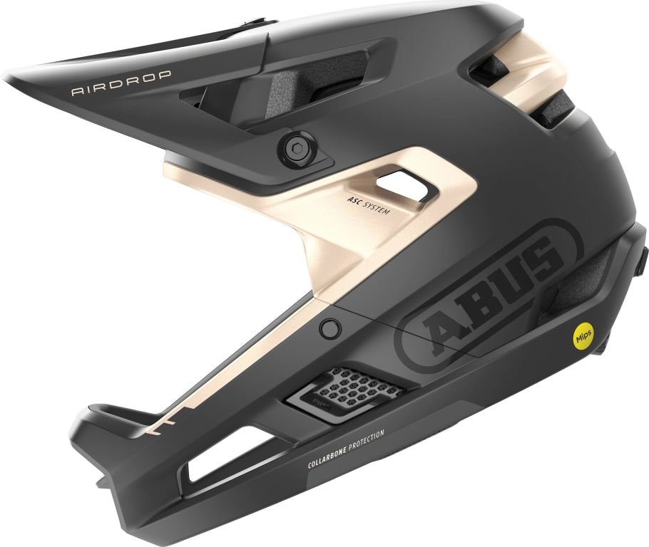 Sort og guld cykelhjelm Abus Airdrop MIPS med moderne design og ventilation.