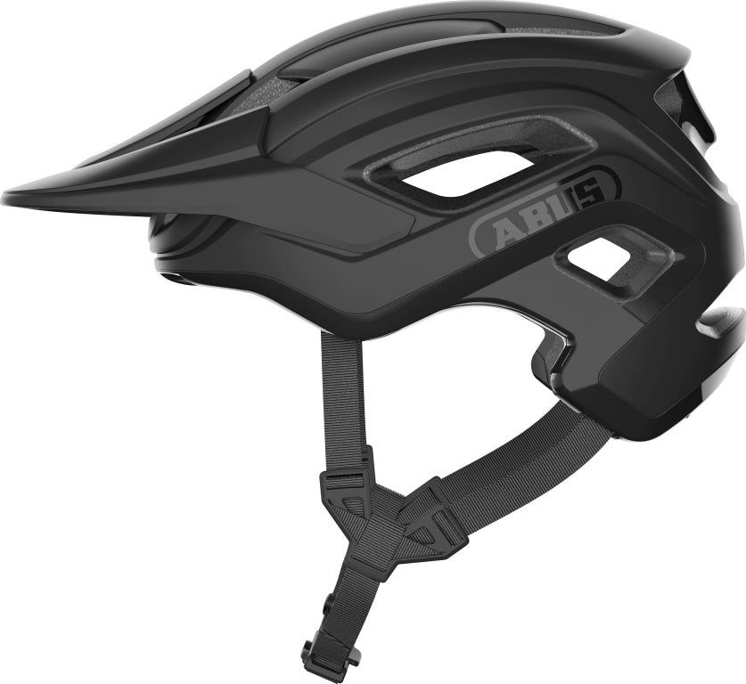 Cykelhjelm Abus Cliffhanger i fløjlsort med aerodynamisk design og justerbar pasform, set fra siden.