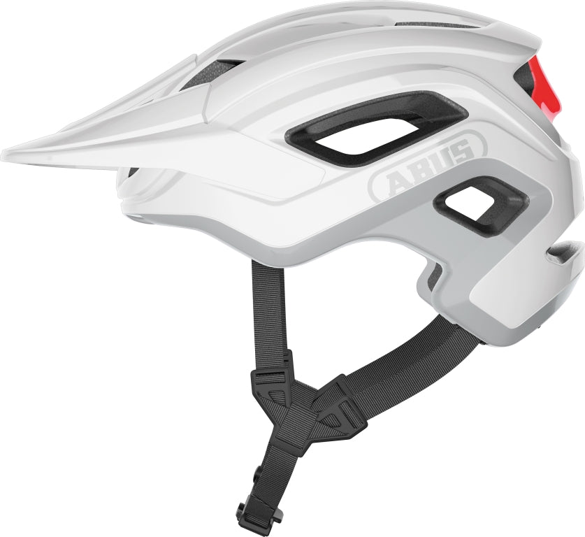 Cykelhjelm Abus Cliffhanger Shiny White: En skinnende hvid cykelhjelm med moderne design og ventilationsåbninger.