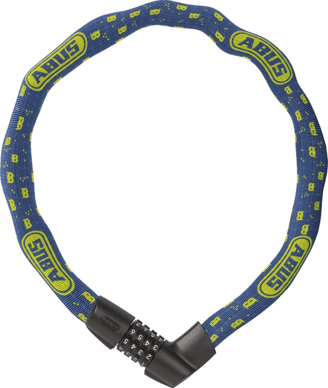 Blå Abus kædelås Tresor Combo 1385, 75 cm, med kombinationslås, hænger på en cykel.