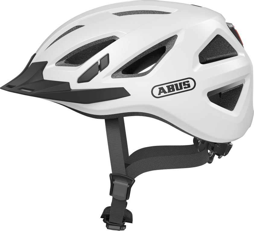 Cykelhjelm Abus Urban-I 3.0 Polar White: En hvid cykelhjelm med moderne design og ventilation, perfekt til bykørsel.