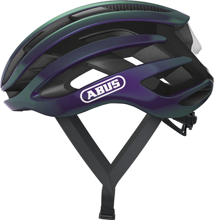 Cykelhjelm Abus Airbreaker Flipflop Purple med aerodynamisk design og lilla farve, set fra siden.