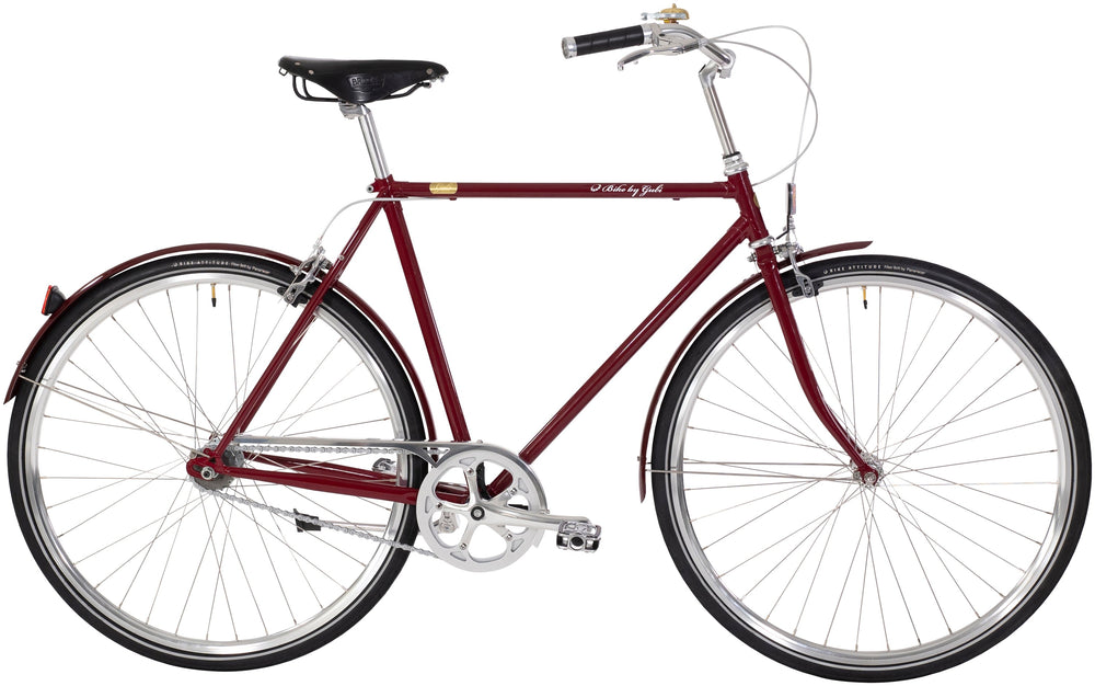 Cykel "Bike by Gubi Herre 8G French Bordeaux 2020" i bordeaux farve, set fra siden med sort sadel og styr.