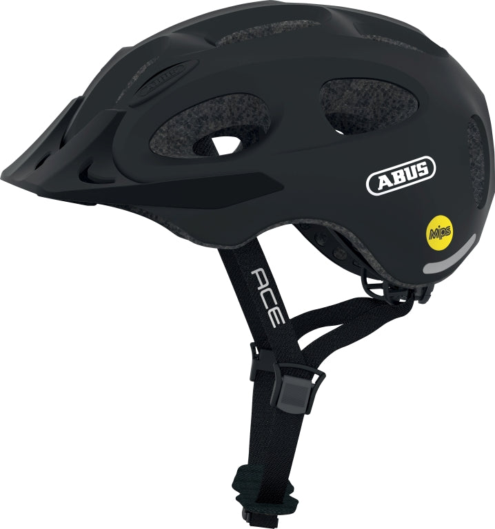Sort cykelhjelm Abus Youn-I Ace MIPS med moderne design og ventilation, set fra siden.