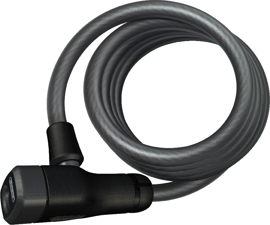 Abus Spiralkabel 4508 Star cykellås i sort med nøgle, liggende på hvid baggrund.