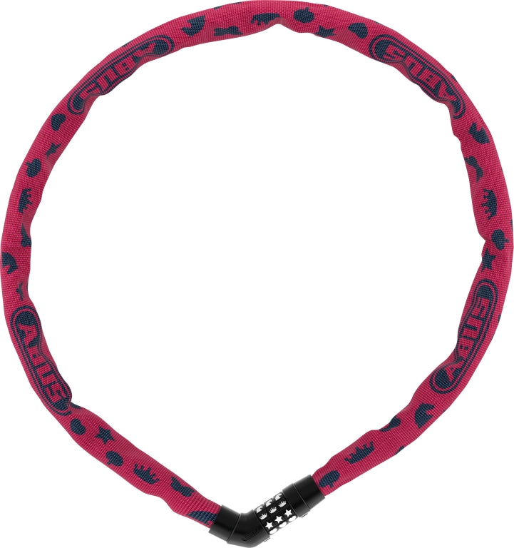 ABUS kædelås 4804C Combo Symbols pink: En lyserød ABUS kædelås med kombinationslås, der ligger på en hvid baggrund.