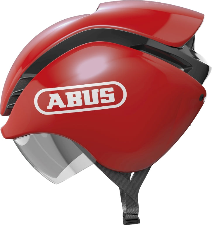 Cykelhjelm Abus GameChanger Tri Blaze Red: En rød cykelhjelm med aerodynamisk design og ventilationsåbninger.