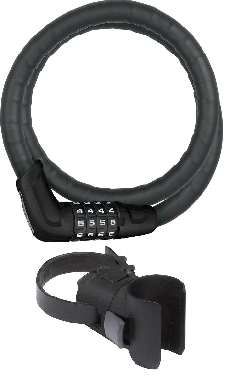 ABUS Steel-O-Flex 6615 Tresorflex Combo lås med holder, sort cykellås på hvid baggrund.