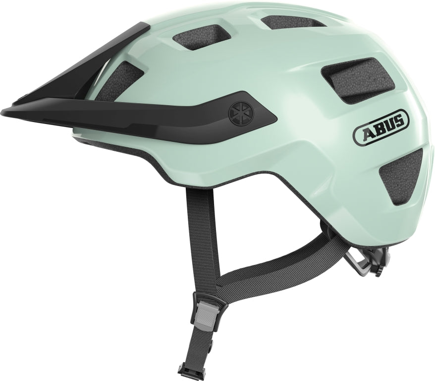 Cykelhjelm Abus Motrip i skinnende is-mint farve, set fra siden med justerbar rem og ventilationshuller.