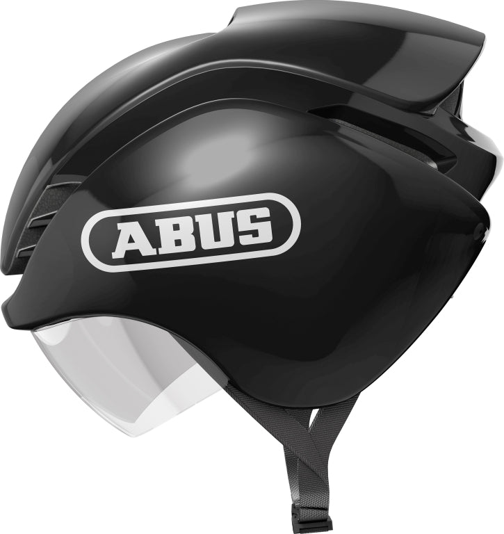 Sort cykelhjelm Abus GameChanger Tri med aerodynamisk design og skinnende finish, set fra siden.