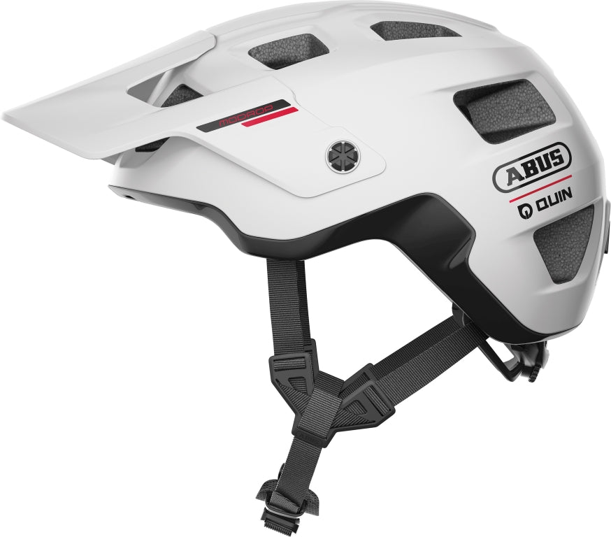 Cykelhjelm Abus Modrop Quin Polar White: En hvid cykelhjelm med moderne design og ventilation, perfekt til sikker cykling.