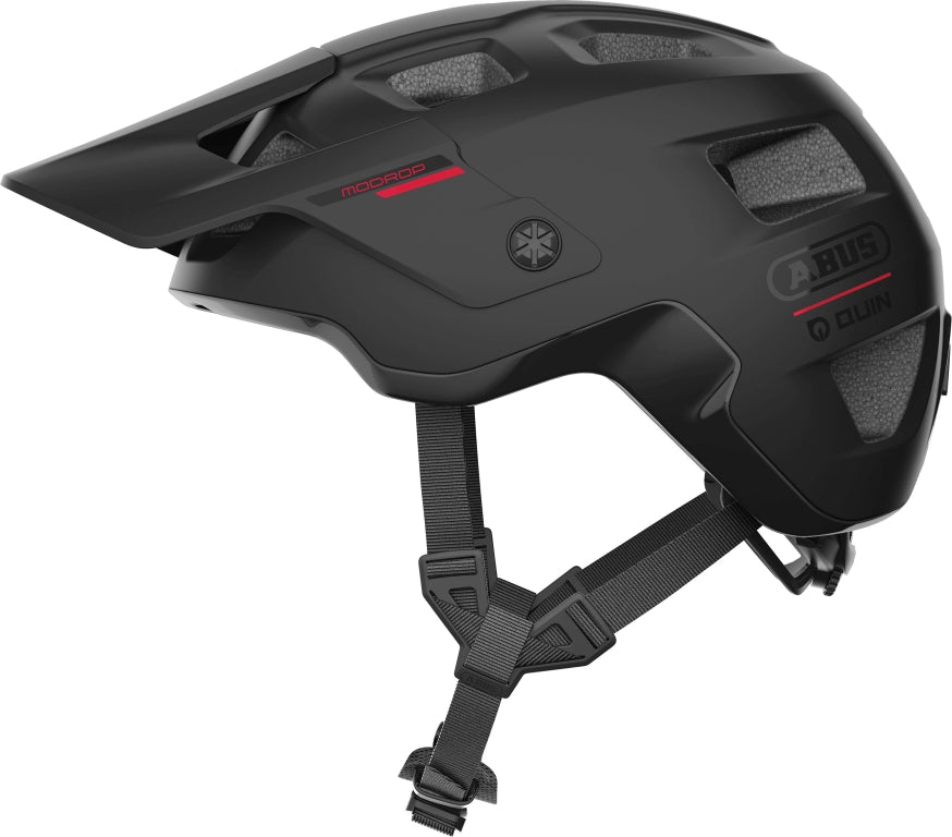 Sort cykelhjelm Abus Modrop Quin med moderne design og ventilation, set fra siden.
