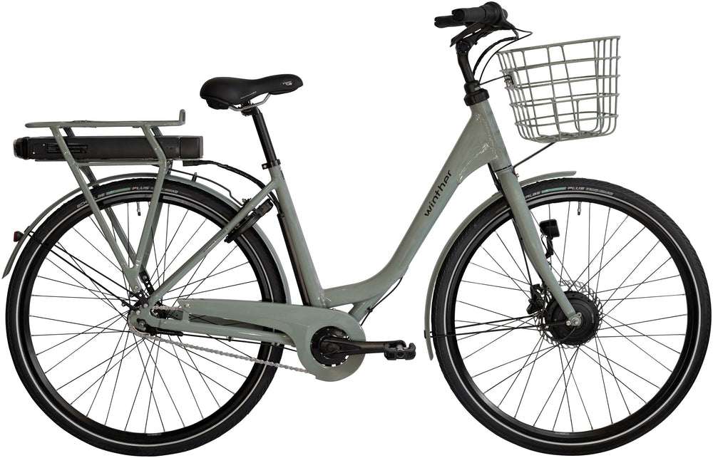Winther Superbe 1 Dame Grøn/Grå cykel med elegant design, set fra siden mod en neutral baggrund.