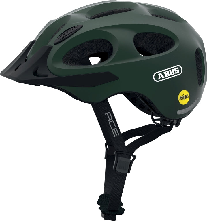 Cykelhjelm Abus Youn-I Ace MIPS i metallic grøn farve, set fra siden med justerbar rem og ventilationshuller.