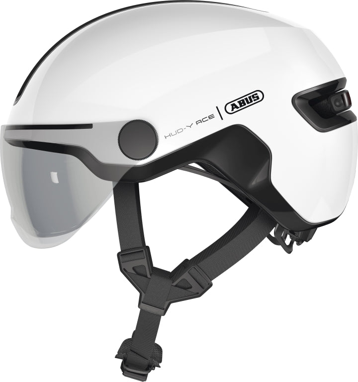 Cykelhjelm Abus Hud-Y Ace i skinnende hvid med aerodynamisk design og justerbar pasform.