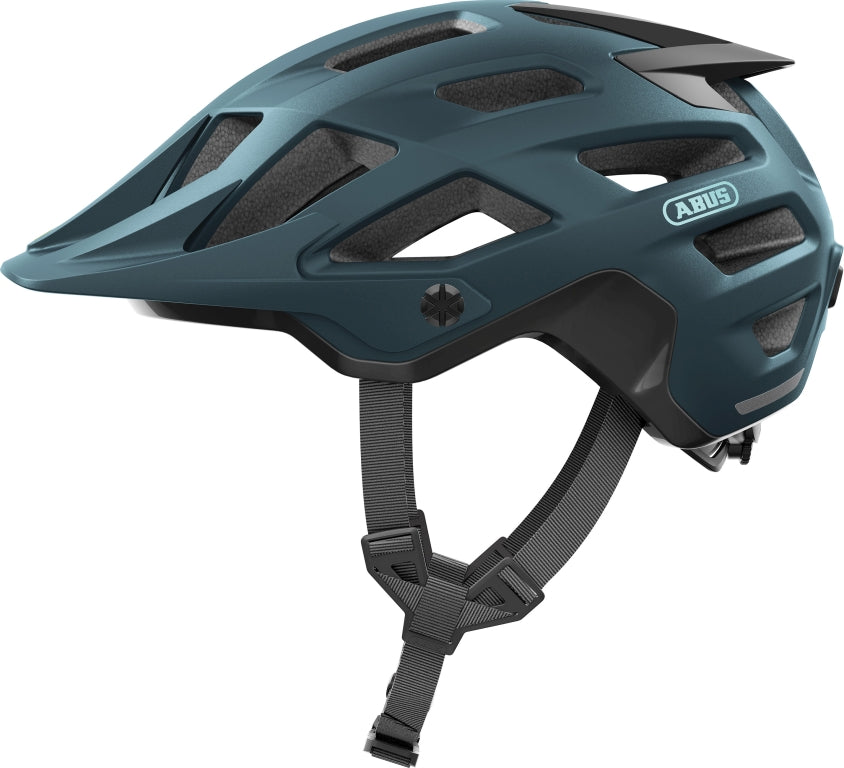 Cykelhjelm Abus Moventor 2.0 i midnatsblå farve, set fra siden med aerodynamisk design og ventilationshuller.
