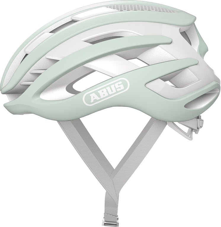 Produktbillede af Abus Airbreaker cykelhjelm i mintgrøn farve, der viser hjelmens aerodynamiske design.