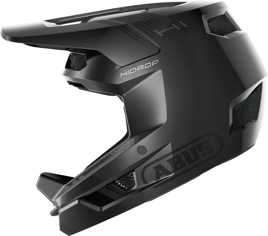 Sort cykelhjelm med skinnende overflade, produktnavn: Hjelm Hidrop Shiny Black.