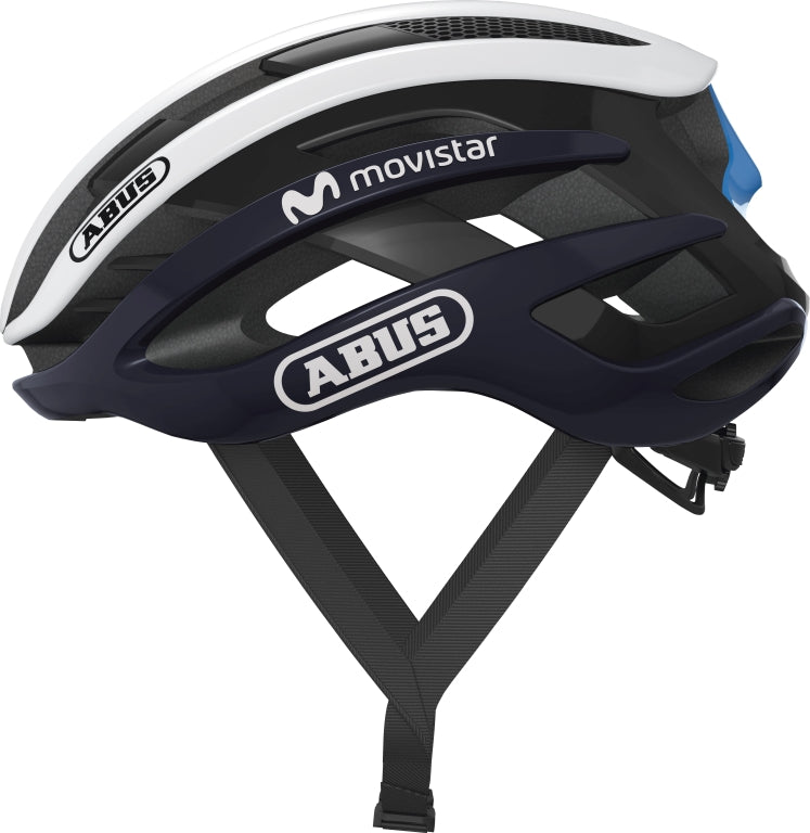 Cykelhjelm Abus Airbreaker Movistar 2.0: En moderne, aerodynamisk cykelhjelm i blå og grønne nuancer med Movistar-logo.