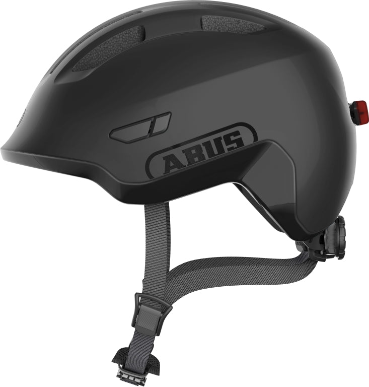 Sort cykelhjelm Abus Smiley 3.0 Ace LED med fløjlsagtig overflade og integreret LED-lys.