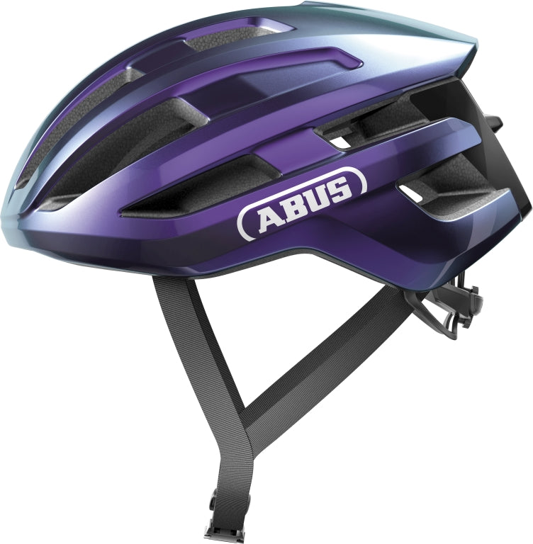 Cykelhjelm Abus PowerDome Flip-Flop Purple: En lilla cykelhjelm med moderne design og ventilationshuller.