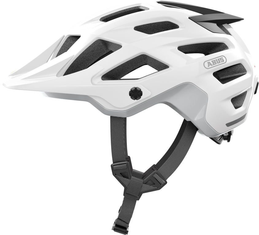 Cykelhjelm Abus Moventor 2.0 Shiny White, en hvid cykelhjelm med moderne design og ventilationsåbninger.