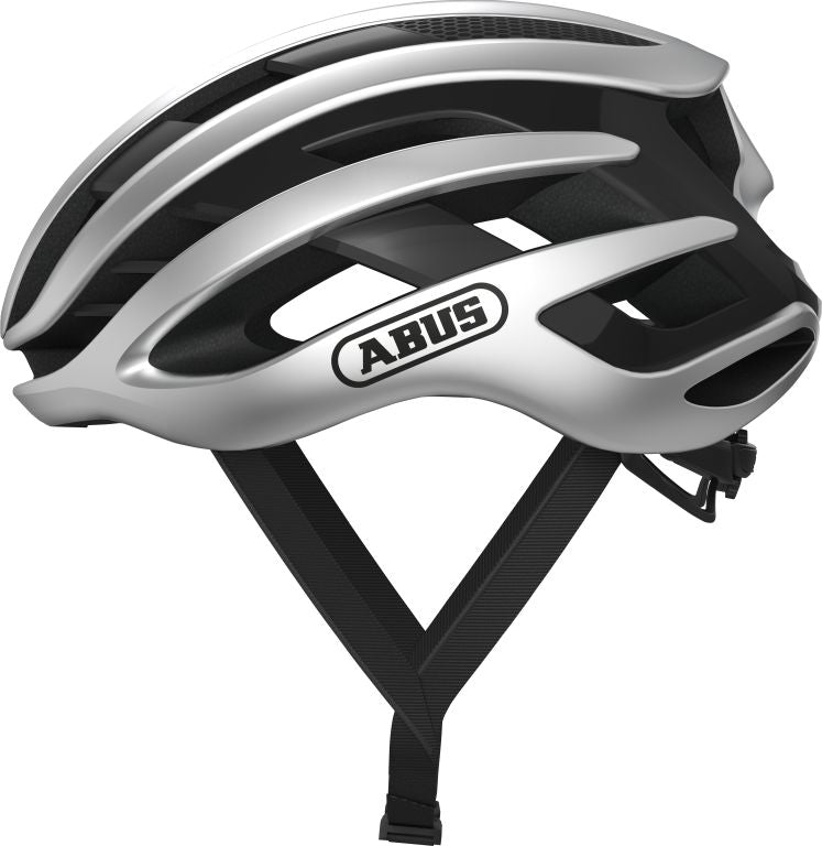 Cykelhjelm Abus Airbreaker i sølv med aerodynamisk design, ventileret struktur og justerbar pasform.