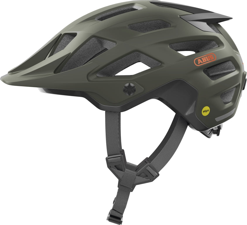 Cykelhjelm Abus Moventor 2.0 MIPS i fyrregrøn, set fra siden med justerbar rem og ventilationshuller.