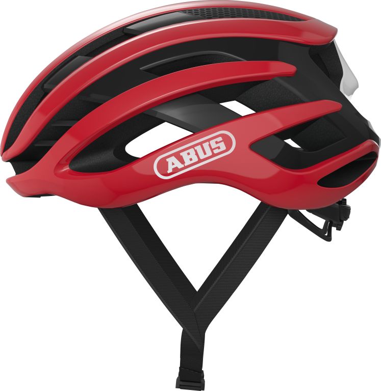 Cykelhjelm Abus Airbreaker Blaze Red, en rød cykelhjelm med aerodynamisk design og ventilationshuller.