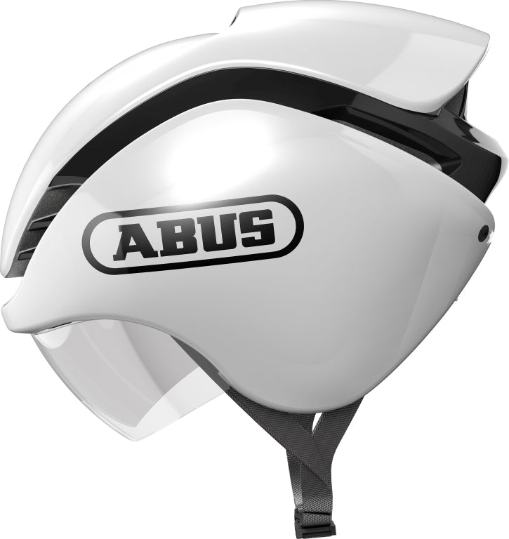 Cykelhjelm Abus GameChanger Tri Shiny White: En hvid, aerodynamisk cykelhjelm med ventilationsåbninger og glat finish.