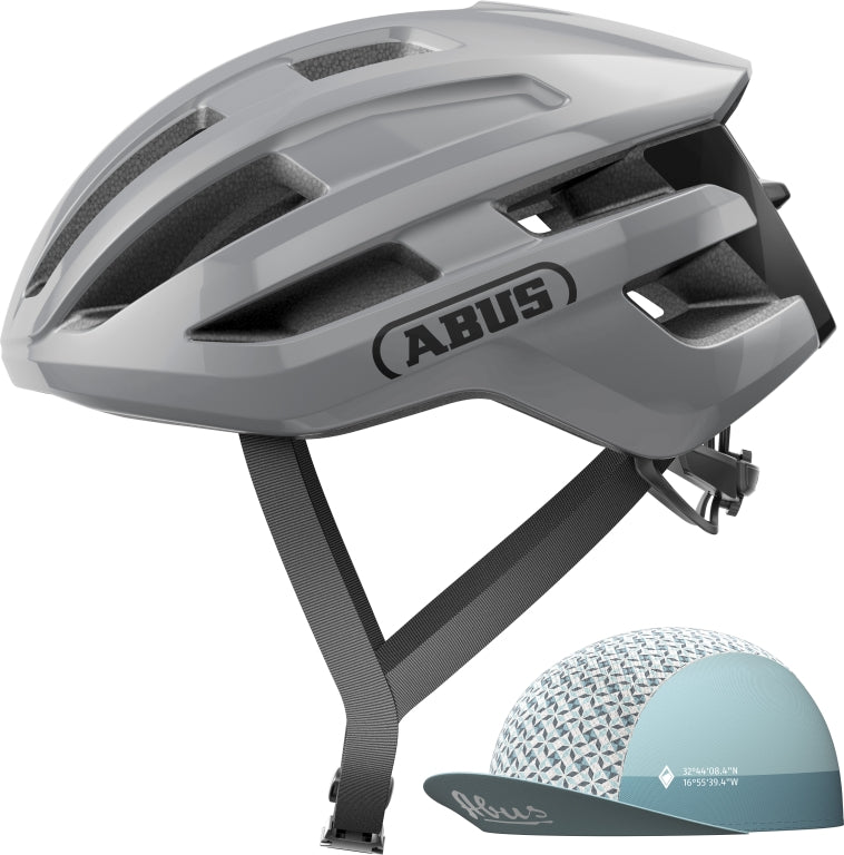 Cykelhjelm Abus PowerDome Ace Race Grey på en hvid baggrund, viser hjelmens aerodynamiske design og grå farve.