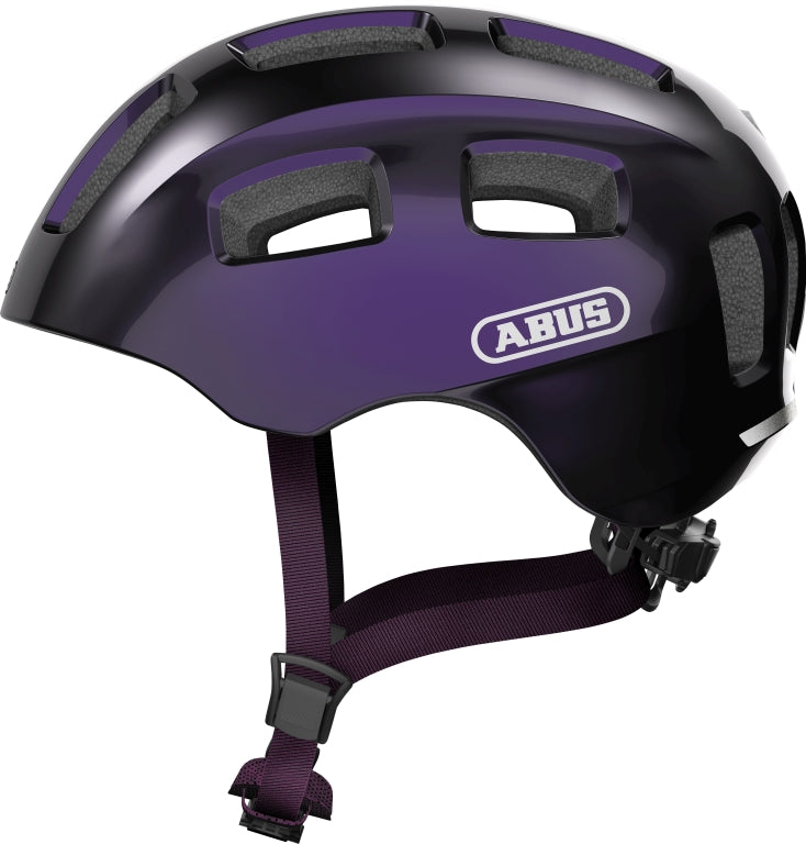 Sort og violet Abus Youn-I 2.0 cykelhjelm med moderne design, perfekt til sikker cykling.