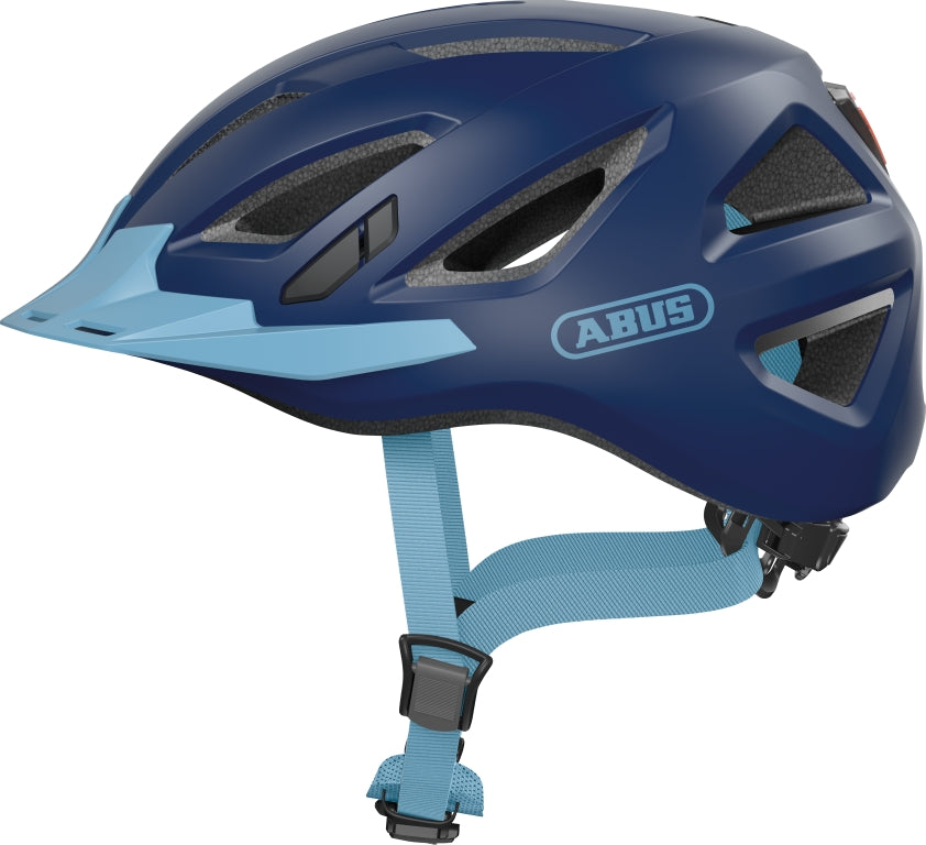 Cykelhjelm Abus Urban-I 3.0 Core Blue: En moderne, blå cykelhjelm med ventilationshuller og justerbar rem.