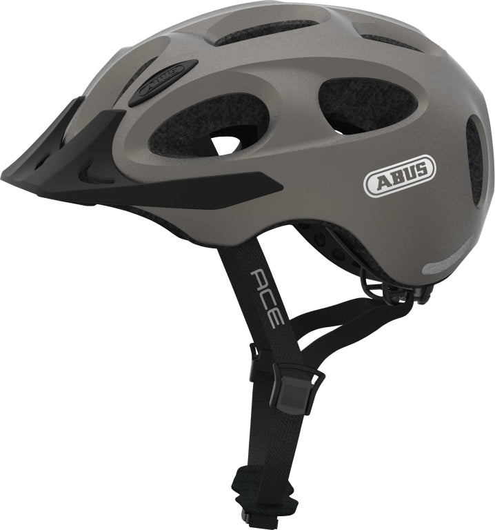Cykelhjelm Abus Youn-I Ace i metallic sølv, elegant design med ventilationshuller og justerbar pasform.