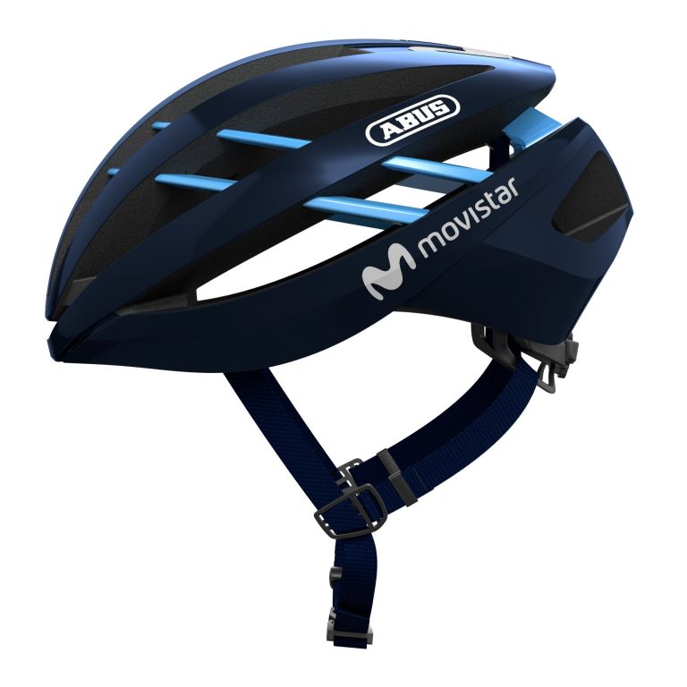 Cykelhjelm Abus Aventor Movistar Team - Billede af en blå og hvid cykelhjelm med Movistar Team logo.