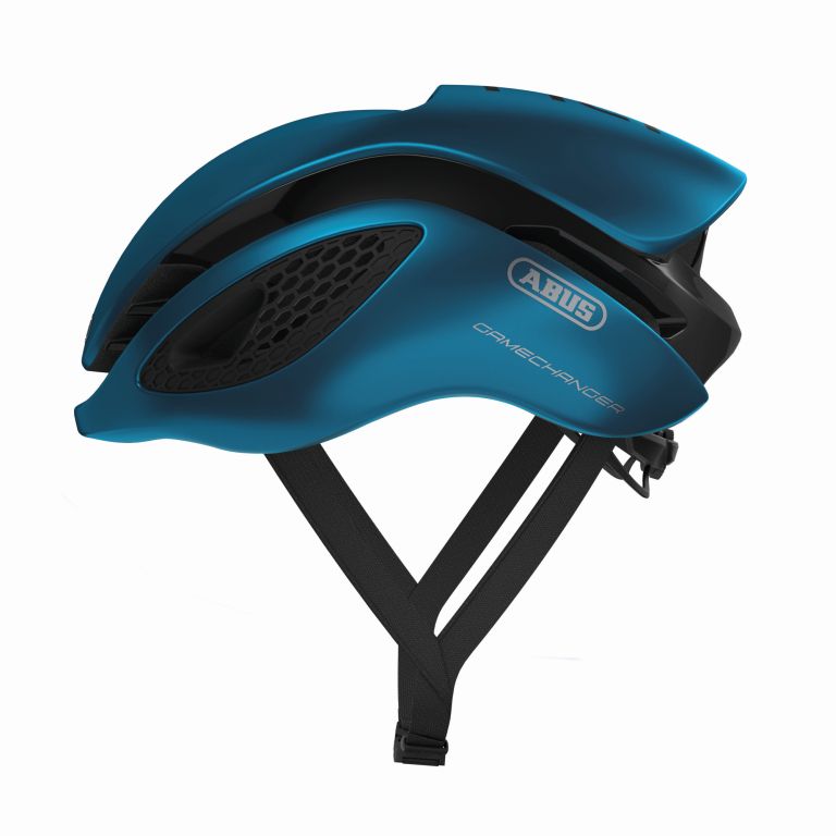 Cykelhjelm Abus GameChanger i stålblå farve, aerodynamisk design med ventilationsåbninger, set fra siden.