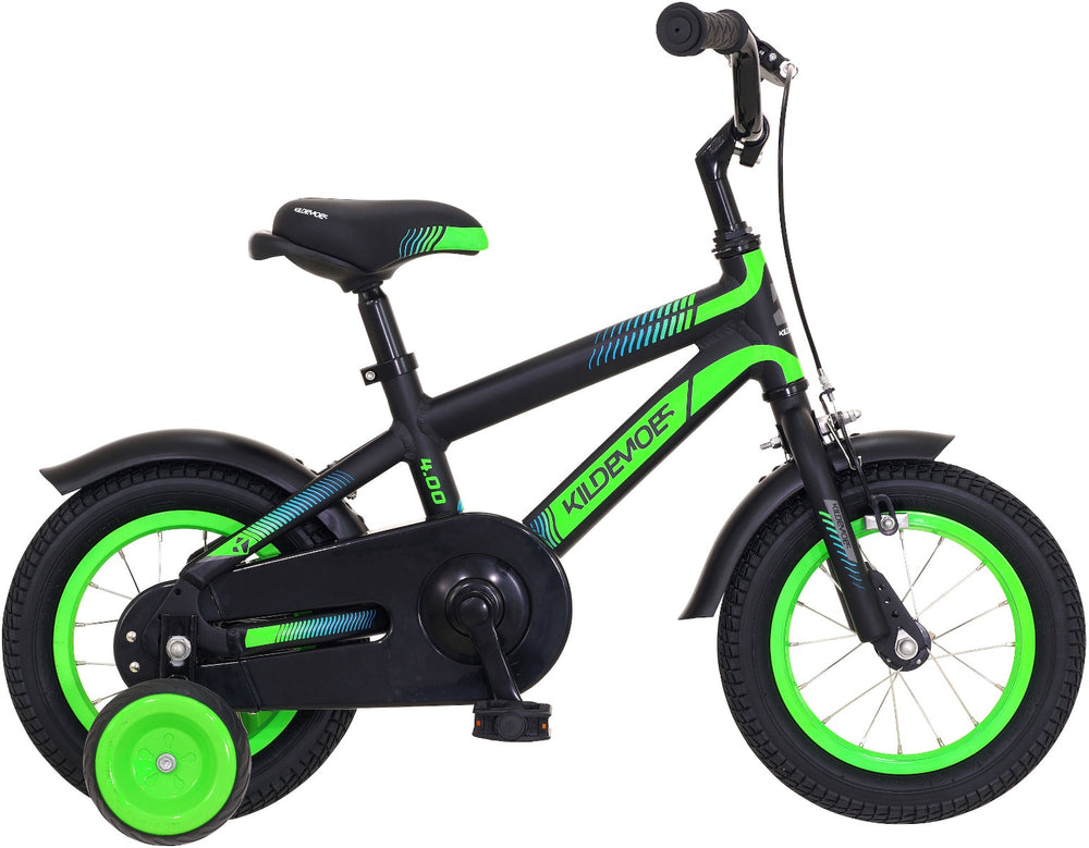 Billede af Kildemoes Bikerz Dreng 12" cykel i sort og grøn farve, designet til børn. Cyklen har et sporty udseende med en letvægtsramme og brede dæk, ideel til leg og eventyr.